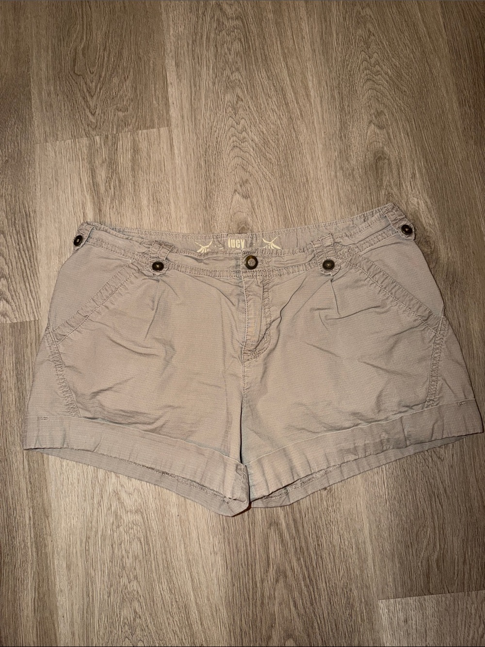 Lucy Neutral Tan Bermuda Shorts with Button Accents